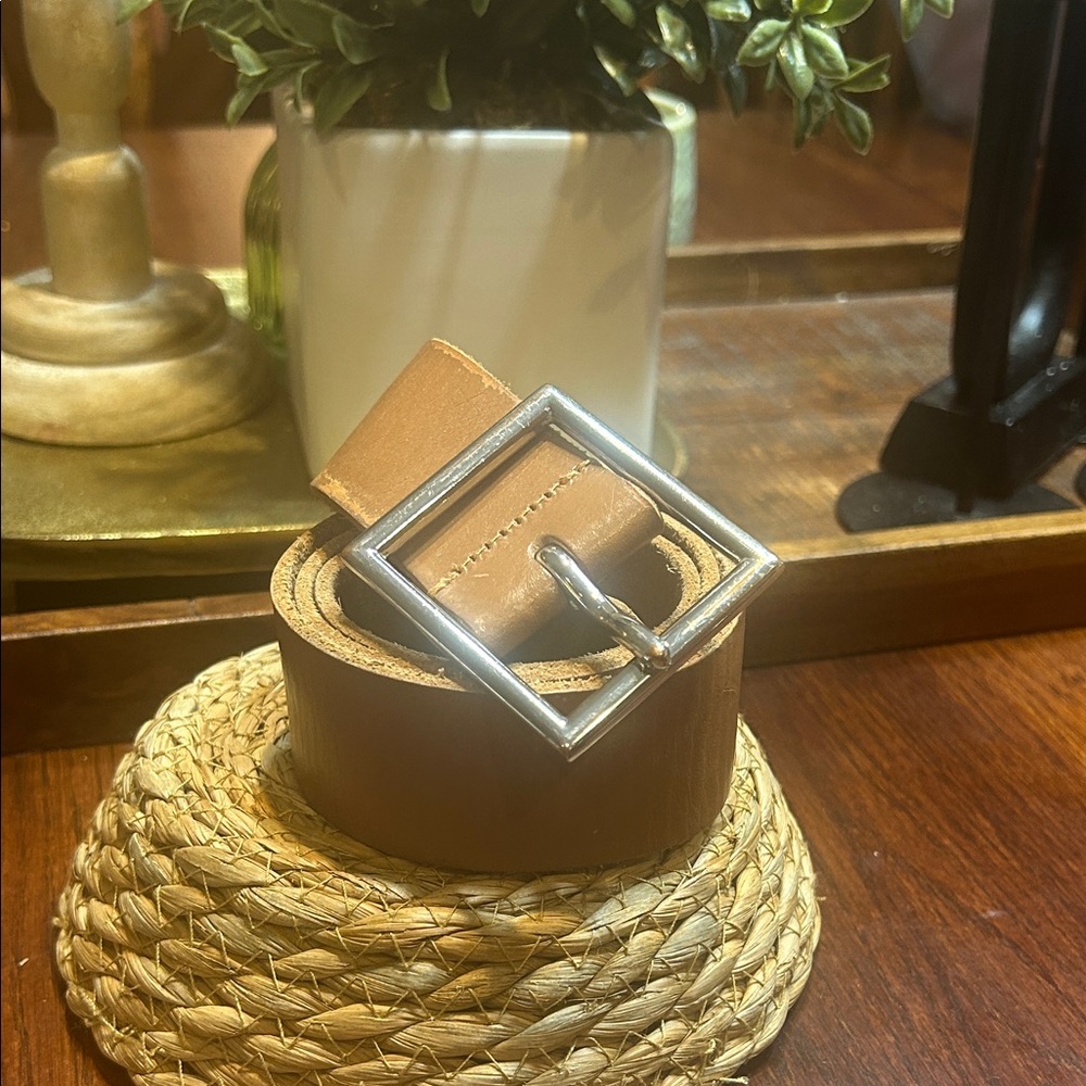 Urban Outfitters Dark Tan Leather Belt Silver Square Buckle Sz Small